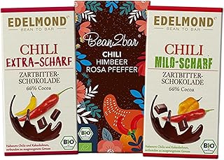Hochwertiges Chili Schokolade Set Bio – 3 Tafeln à 75g mild scharf fruchtig mit Rosa Beere – Bean-to-Bar handgemacht aus Edelkakao – vegan plastikfrei Fair Trade - Edelmond