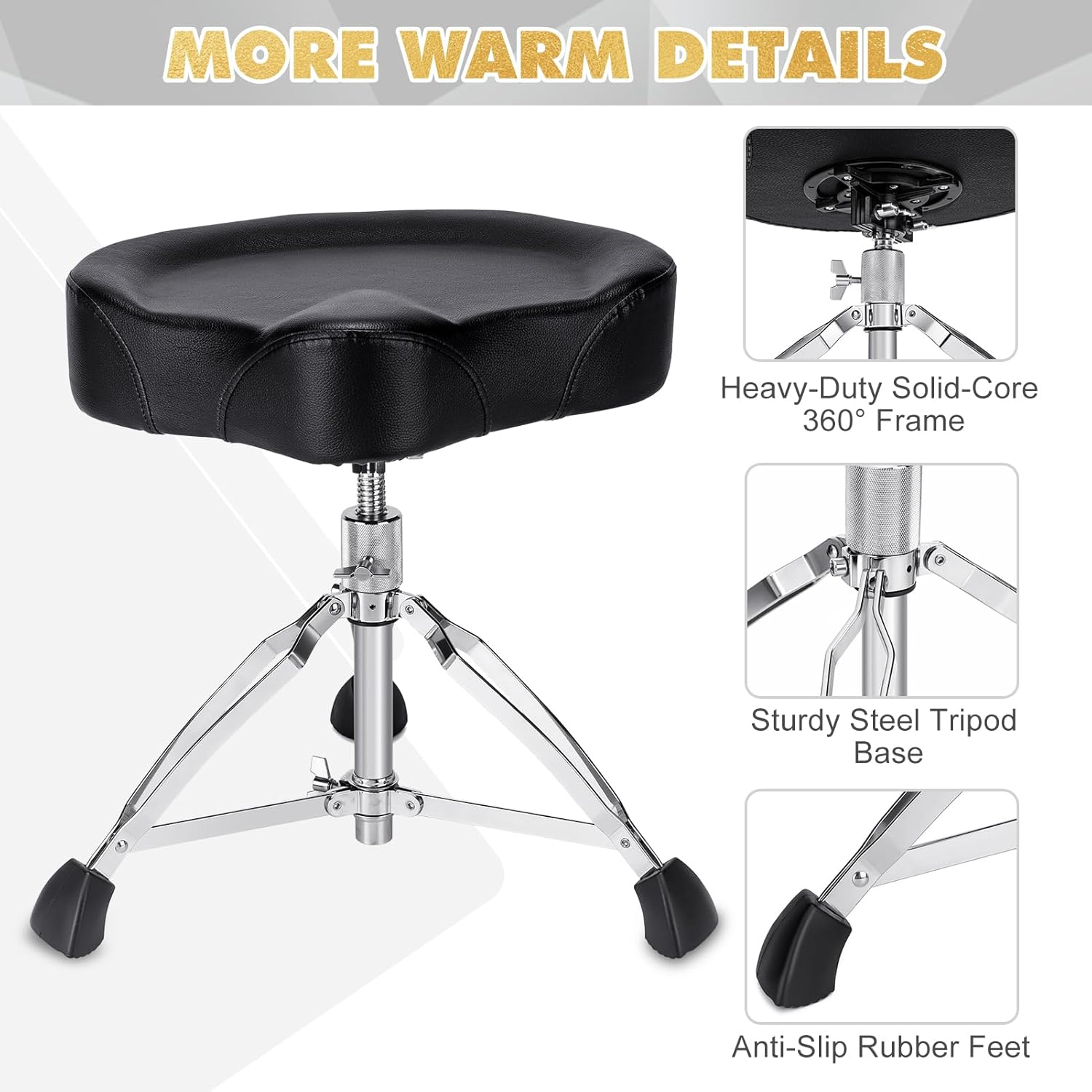 Heavy Duty Drum Throne 330 lbs, Saddle Drum Stool Height Adjustable, Ergonomic Thick Padded Drum Seat with 2 Pairs 5A Drumsticks & Drum Key for Adult Drummers