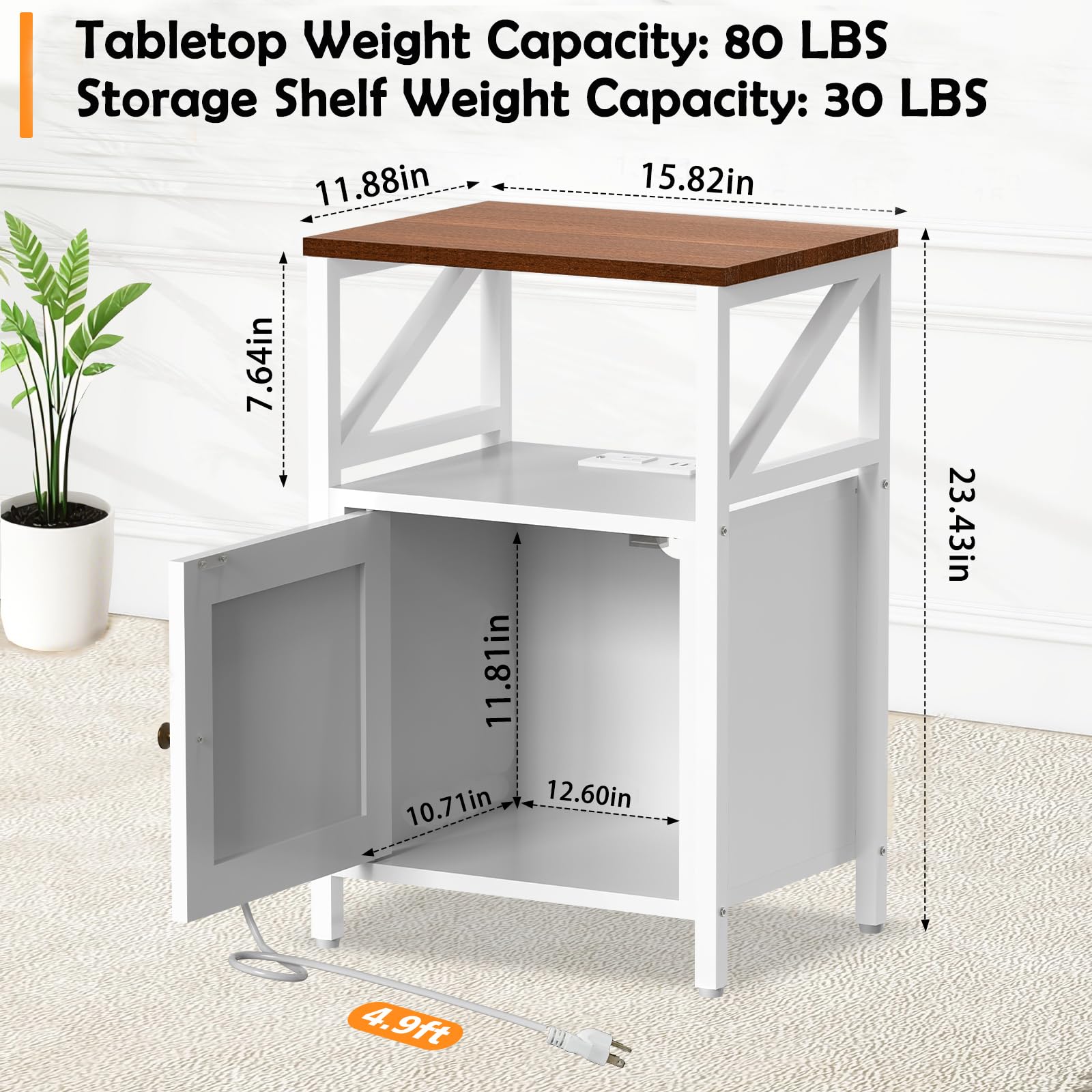 Mesa auxiliar de granja con estación de carga, puertos USB de 3 niveles y mesa auxiliar, mesa auxiliar compacta para espacios pequeños, mesa decorativa multifuncional para dormitorio, sala de estar 4