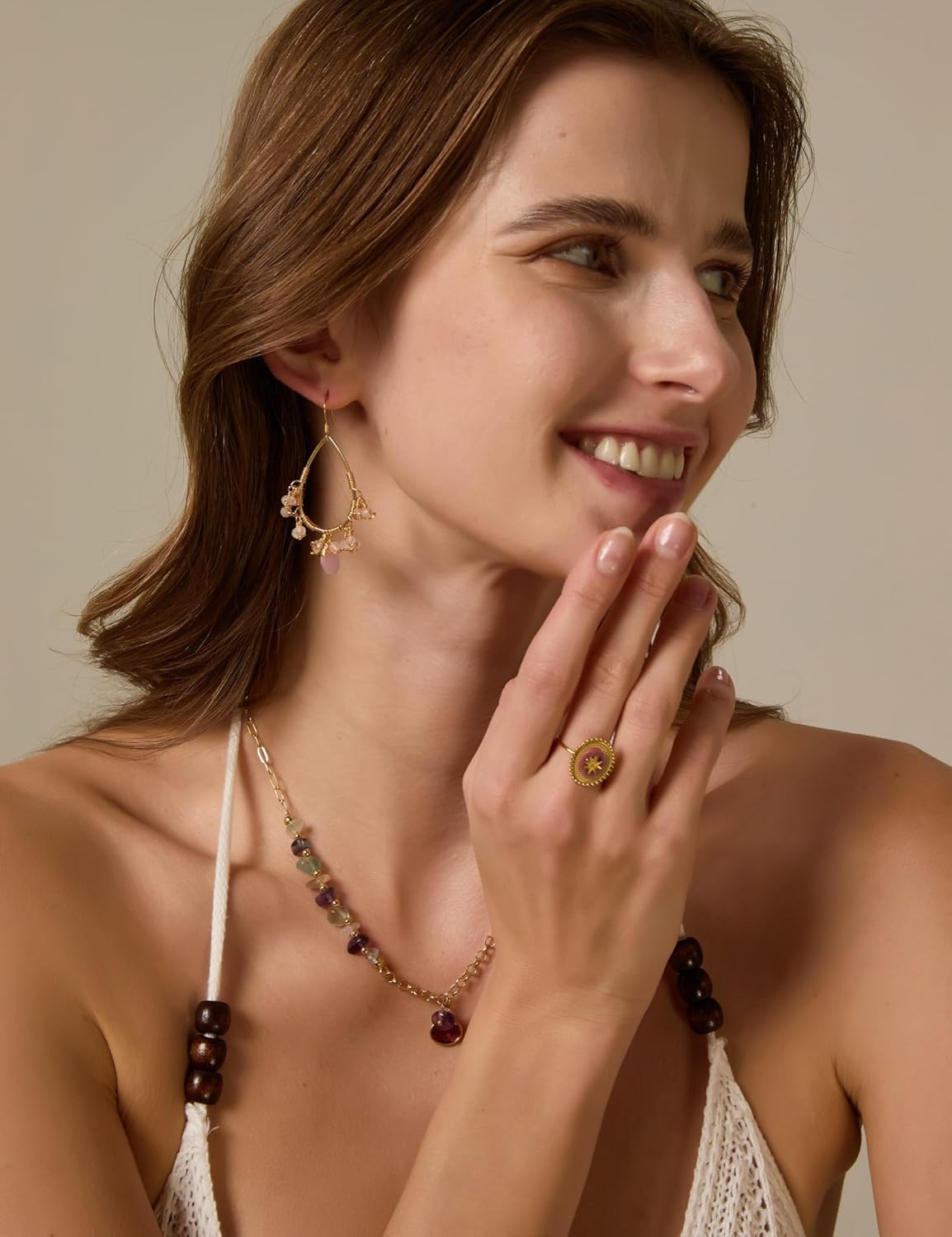 Boho Crystal Dangle Earrings for Women Natural Gemstone Vintage Purple Hook Drop Earrings Handmade Summer Vacation Jewelry for Women Amethyst/Rose Quartz 14K Gold Plated - Image 6