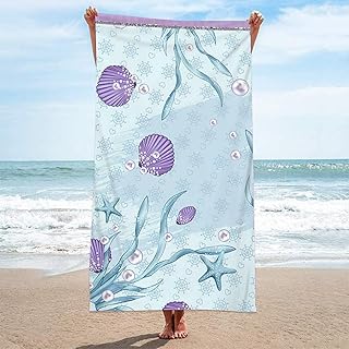 AMDXD 80 x 160 cm, toalla de playa grande para mujer, microfibra, concha, estrella de mar, patrón de algas marinas, toalla de baño para hombre, color verde claro, lila, toalla de ducha para fitness,