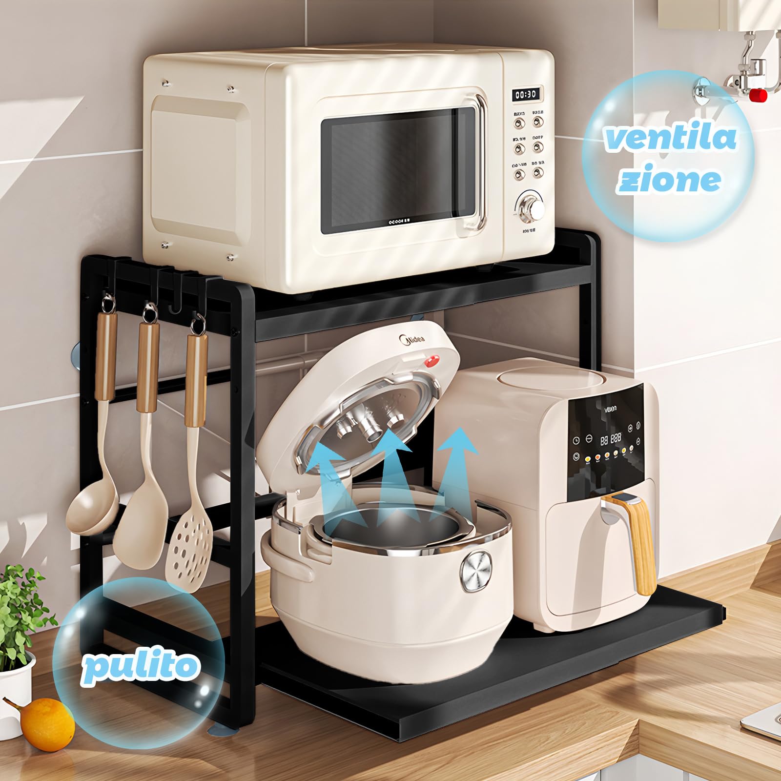 Scaffale per microonde a 2 livelli, mensola da cucina estensibile e regolabile in altezza, con cassetto, in acciaio al carbonio, con ganci e ventose di rinforzo inclusi, facile da montare