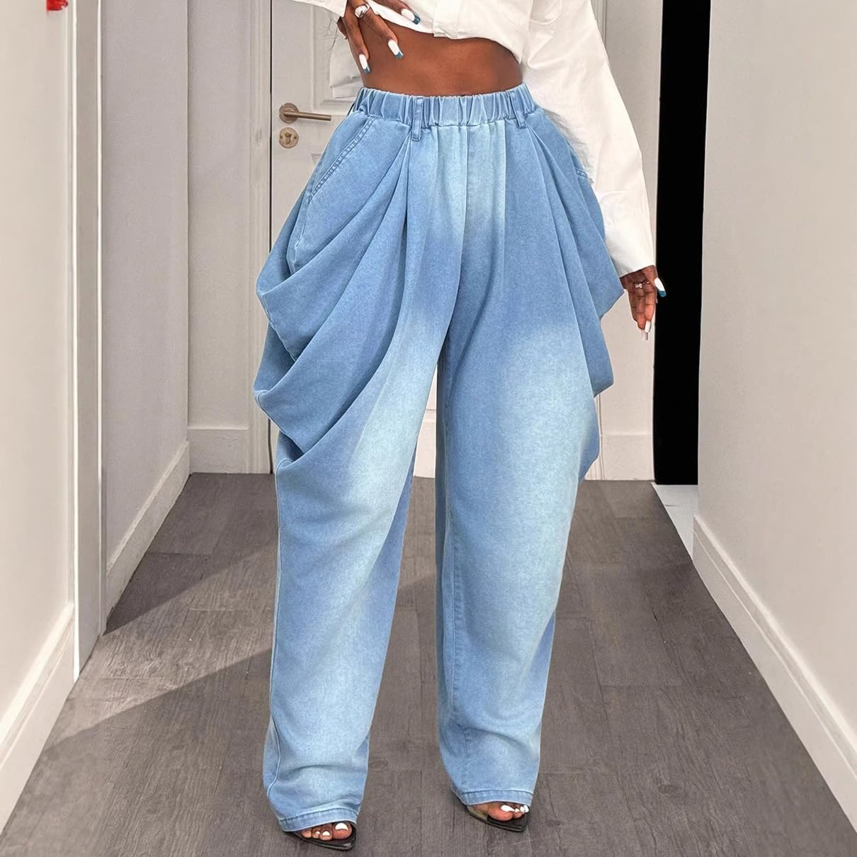 Women's Baggy Harem Jeans High Waist Loose Fit Ruched Floor Mopping Wide Leg Denim Street Hip Hop Jeans