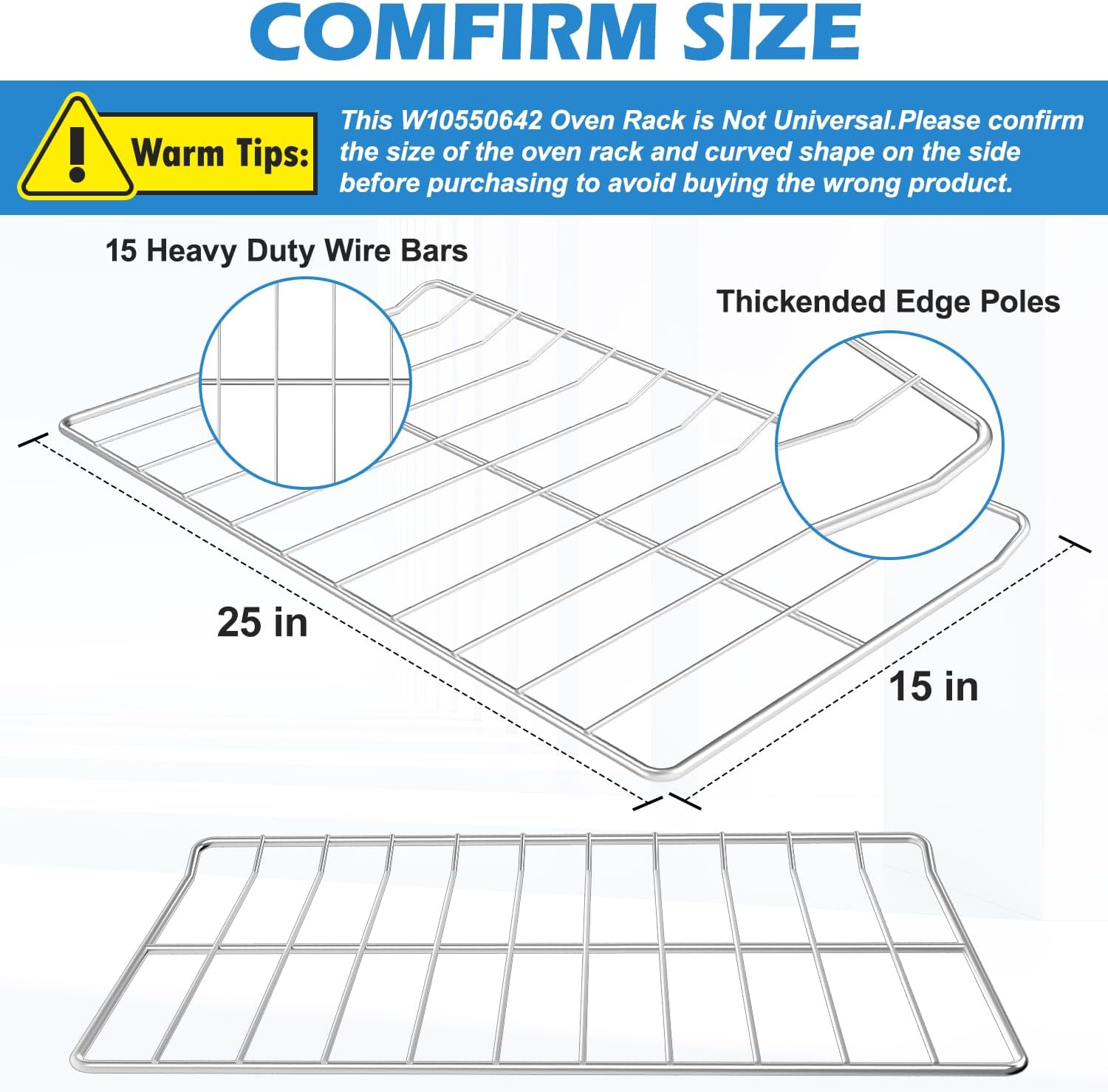Upgraded WPW10550642 Oven Stove Rack Replacement For Whirlpool Oven Shelf Rack 304 Stainless Steel W10550642 WFG320M0BS3 WFG505M0BS3 Fits Maytag Amana Crosley Gas Range 24.8" x 15" Oven Wire Rack