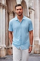 Vista 112 de COOFANDY Camisa casual con botones para hombre, manga corta, sin arrugas, camisa de verano