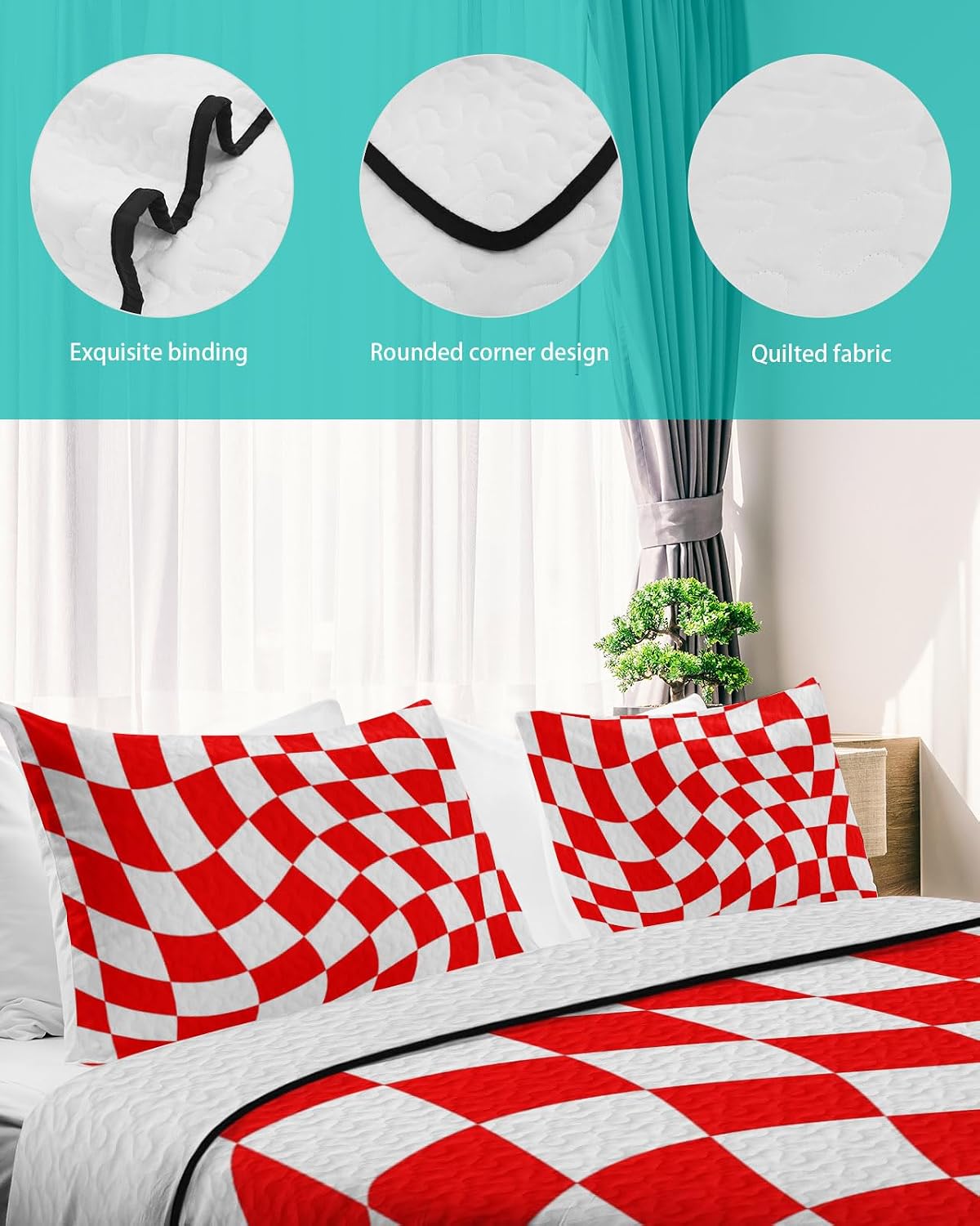 King Size Quilt Set, Abstract Optical Illusion Aesthetic Lightweight Bedspread Coverlet Set Soft Microfiber Summer Quilt with 2 Pillow Shams, Distorted Red White Lattice 3 Piece Comforter Bedding Set