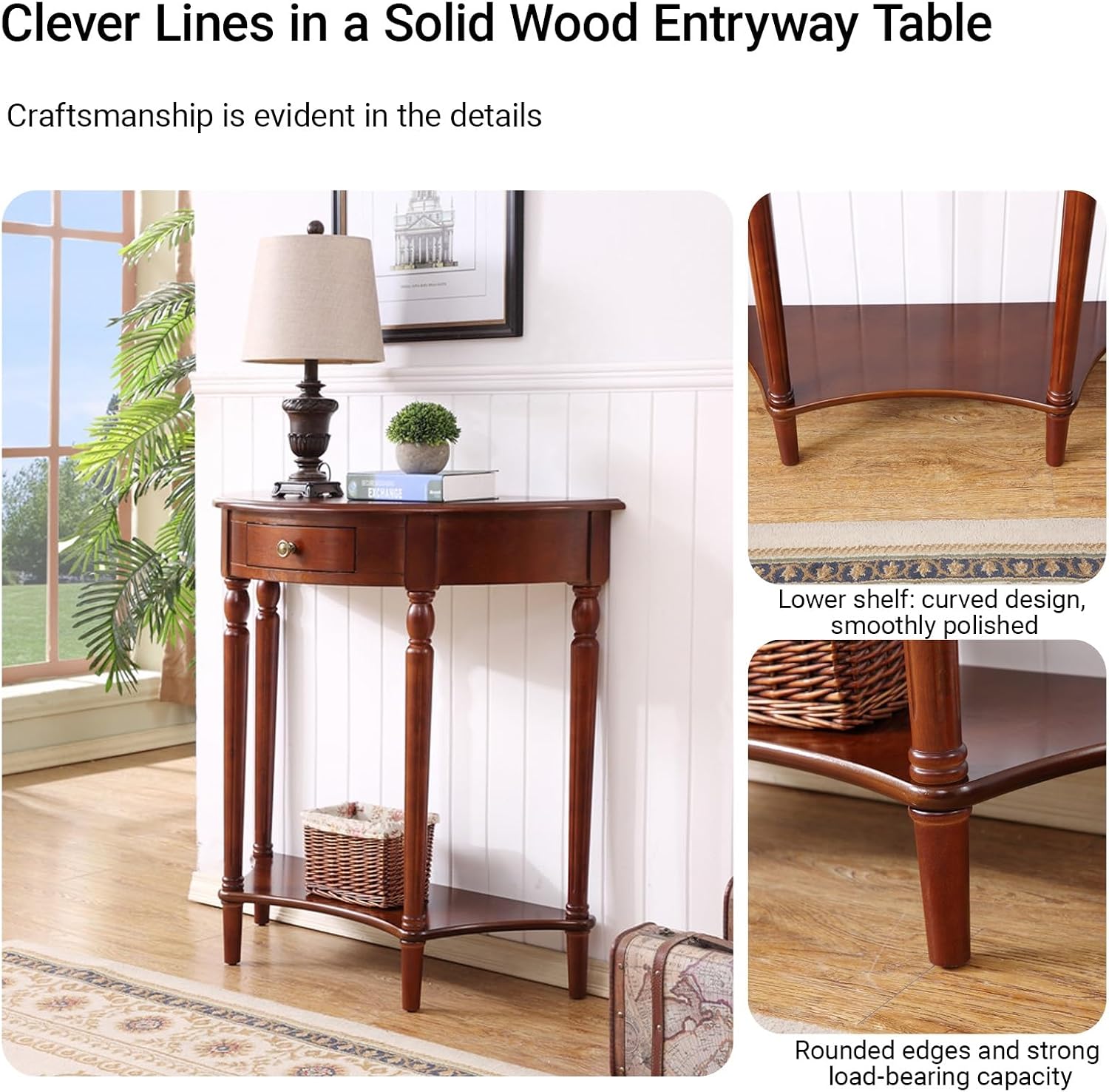 Half Moon Console Table，Solid Wood Foyer Tables for entryway with Drawer and Shelf, Sofa Table，for Living Room,Hallway & Entrance Decor(Teak,23.6x11.8x31.5in)