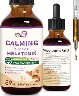 Cat Melatonin Natural Calming Drops, Support Falling Asleep & Healthy Sleep, Herbal Extract Relaxation Supplement with L-Theanine, Valerian, Catnip, Passion Flower and Chamomile. 2 oz