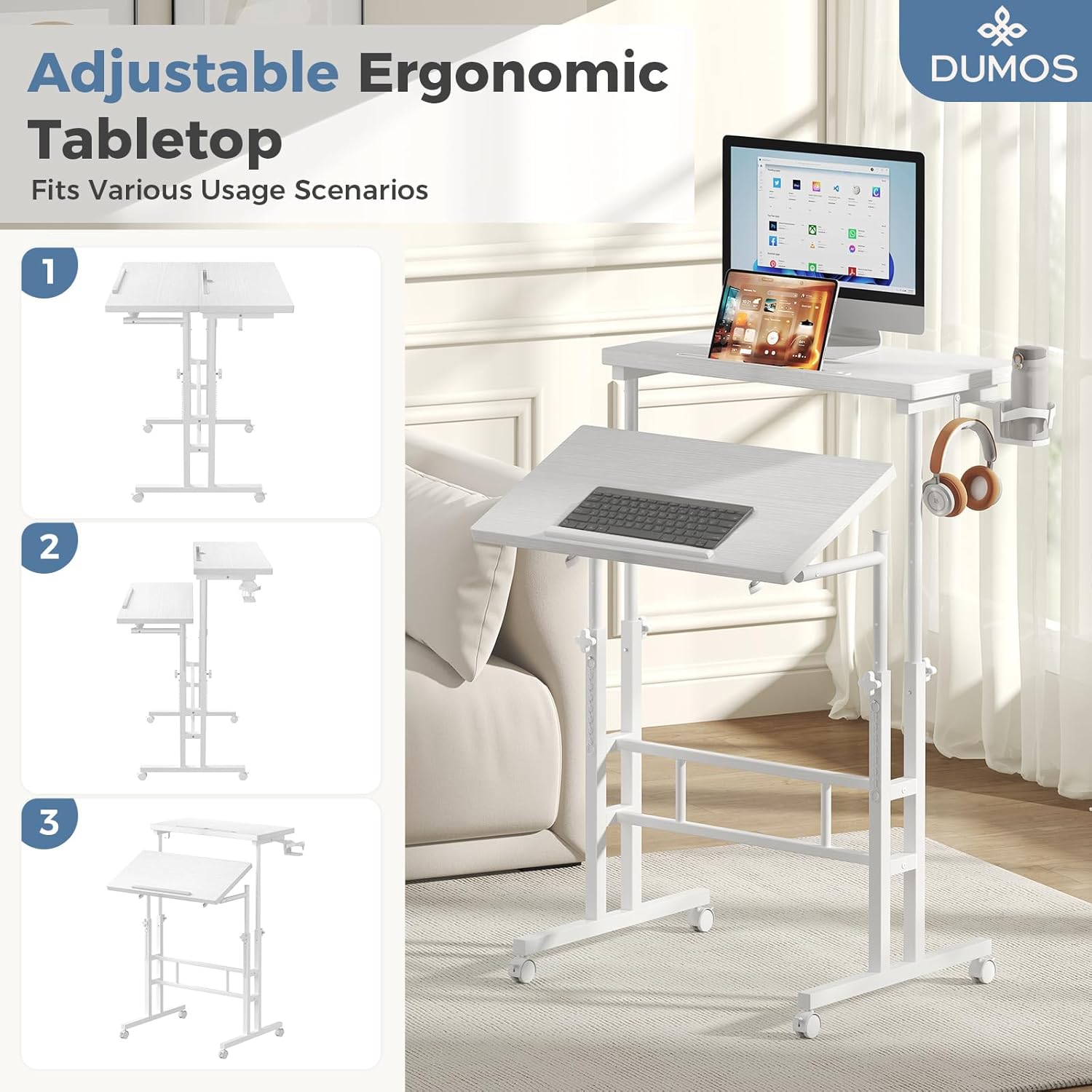 DUMOS Split Top Rolling Standing Desk, 23.6 Inch Mobile Laptop Computer Desk, Manual Adjustable Height Workstation on Wheels, Sit Stand Office Table, Walking Pad Study Desk, White