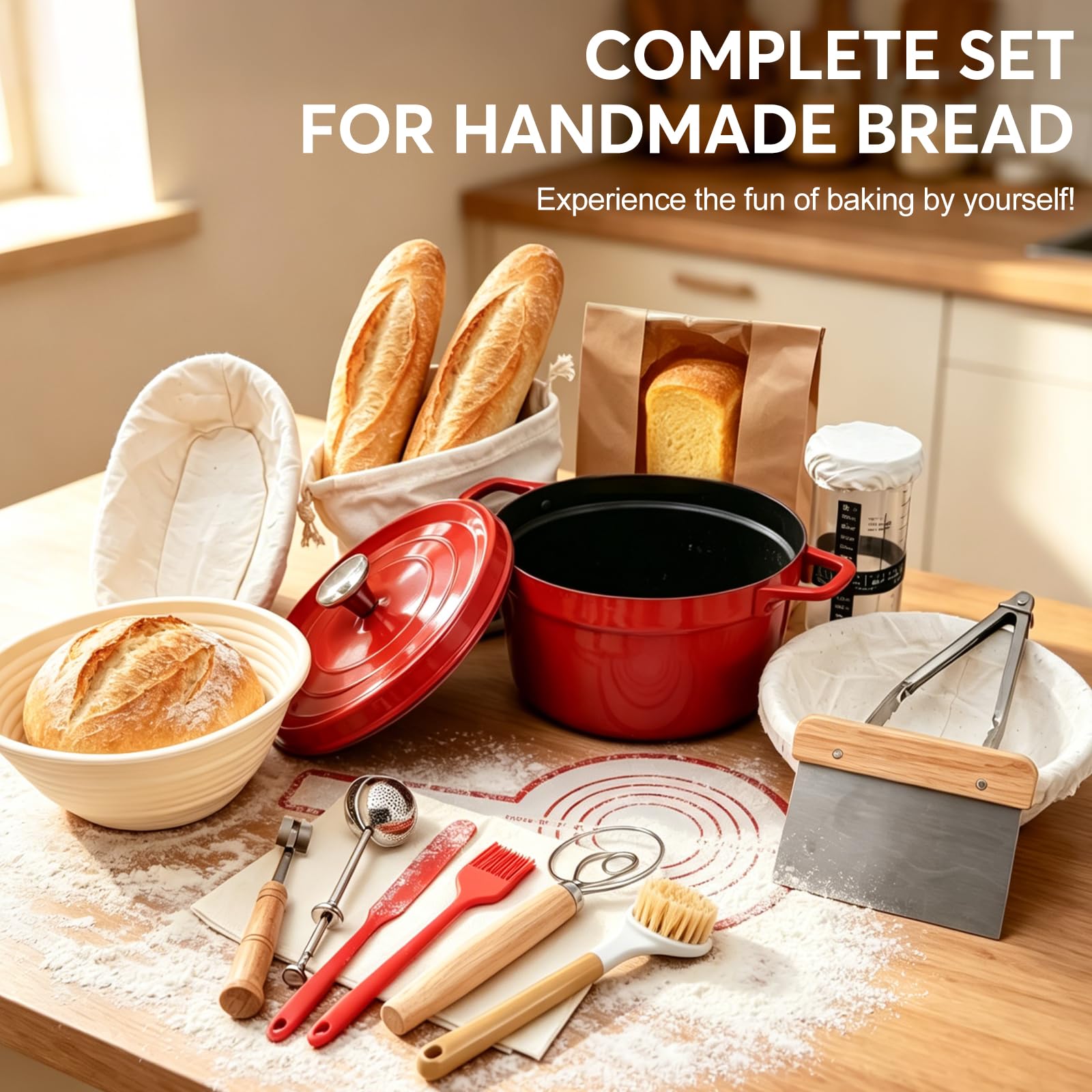 Sauerteig Brot Bakset mit hochwertigem Gusseisentopf | Gärkorb Brot mit Brotbackzubehör, Sauerteig Zubehör,Brotbackset, Gärkörbchen für Hobbybäcker und Sauerteig Brot Liebhaber