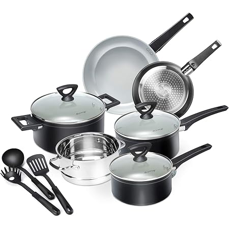 Duxtop 12-Piece Nonstick Cookware Set, Dishwasher Oven Safe Ceramic Pots and Pans Set with Glass Lid, Impact-bonded Technology, Induction Base