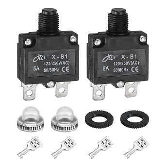 sourcing map 2PCS 5A Thermal Circuit Breakers, 125/250V AC,32V DC Manual Reset Push Button Overload Protector Circuit Breaker with Waterproof Button Caps Quick Connector Terminals, X-B1