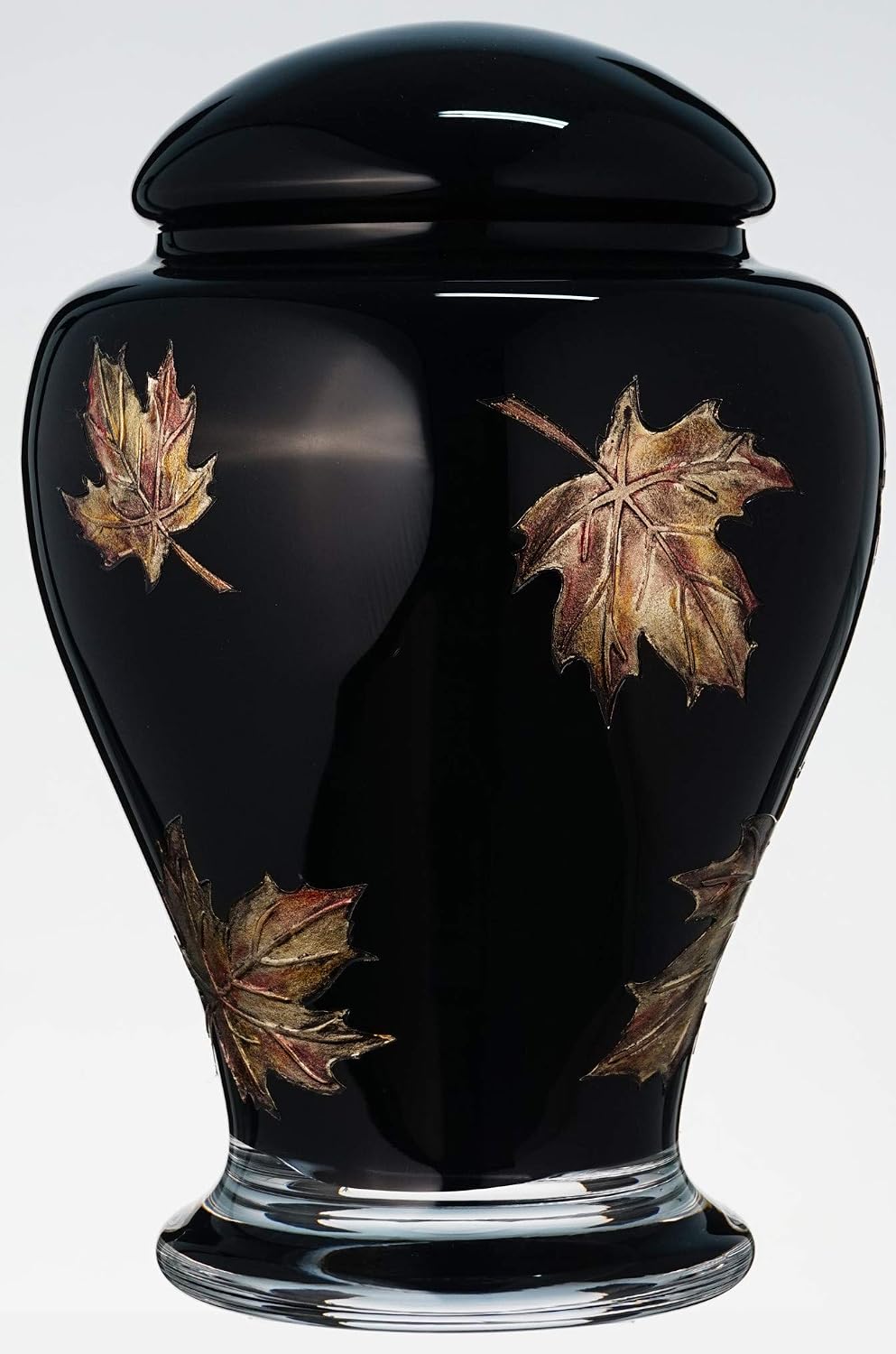 Buу 2 gеt 3 Black Memorial Urn for Human Ashes - Handmade Glass Cremation Urn - Decorated with Etched and Painted Metallic Brown Leaves - Urn For Ashes of Adult or Pet - Black / Brown - Vol. 183 cubic inch (3L)