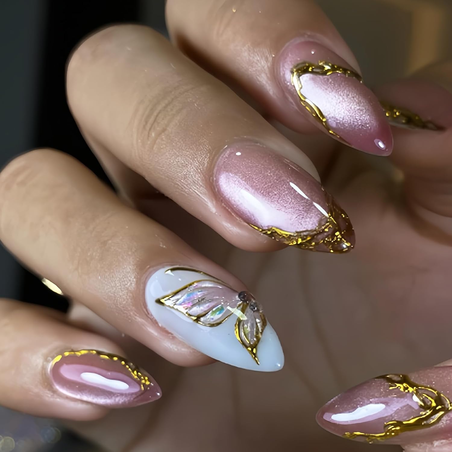 30 Pcs Press On Nails Almond Shape Pink Cat Eye Design, Medium Length Fake Nails with Gold Edge Butterfly Accent, Reusable Stick On Nails Kit