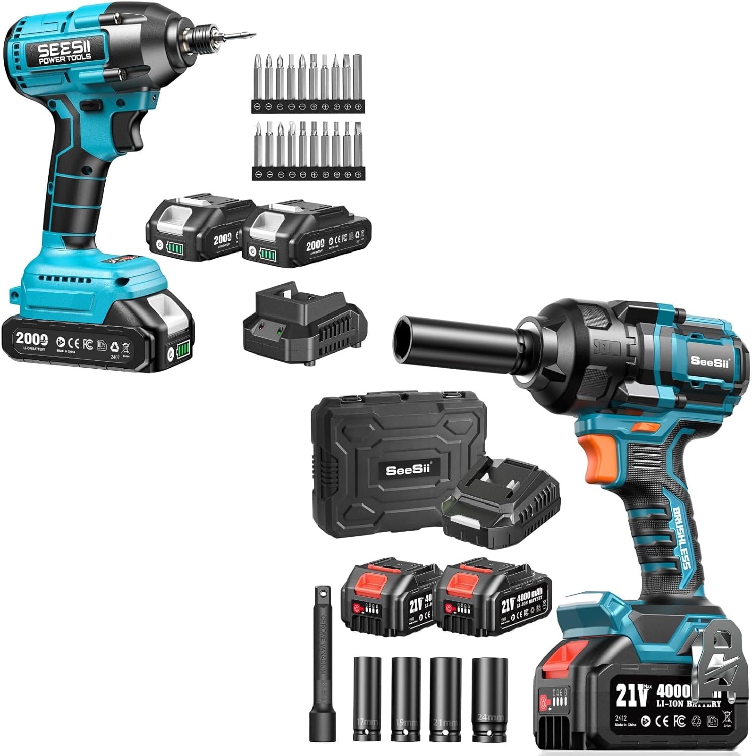 SEESII 1200N.m 1/2 Electric Cordless Impact Wrench with 21V Max Torque 1590 In-lbs(180 N.m) Impact Driver Set