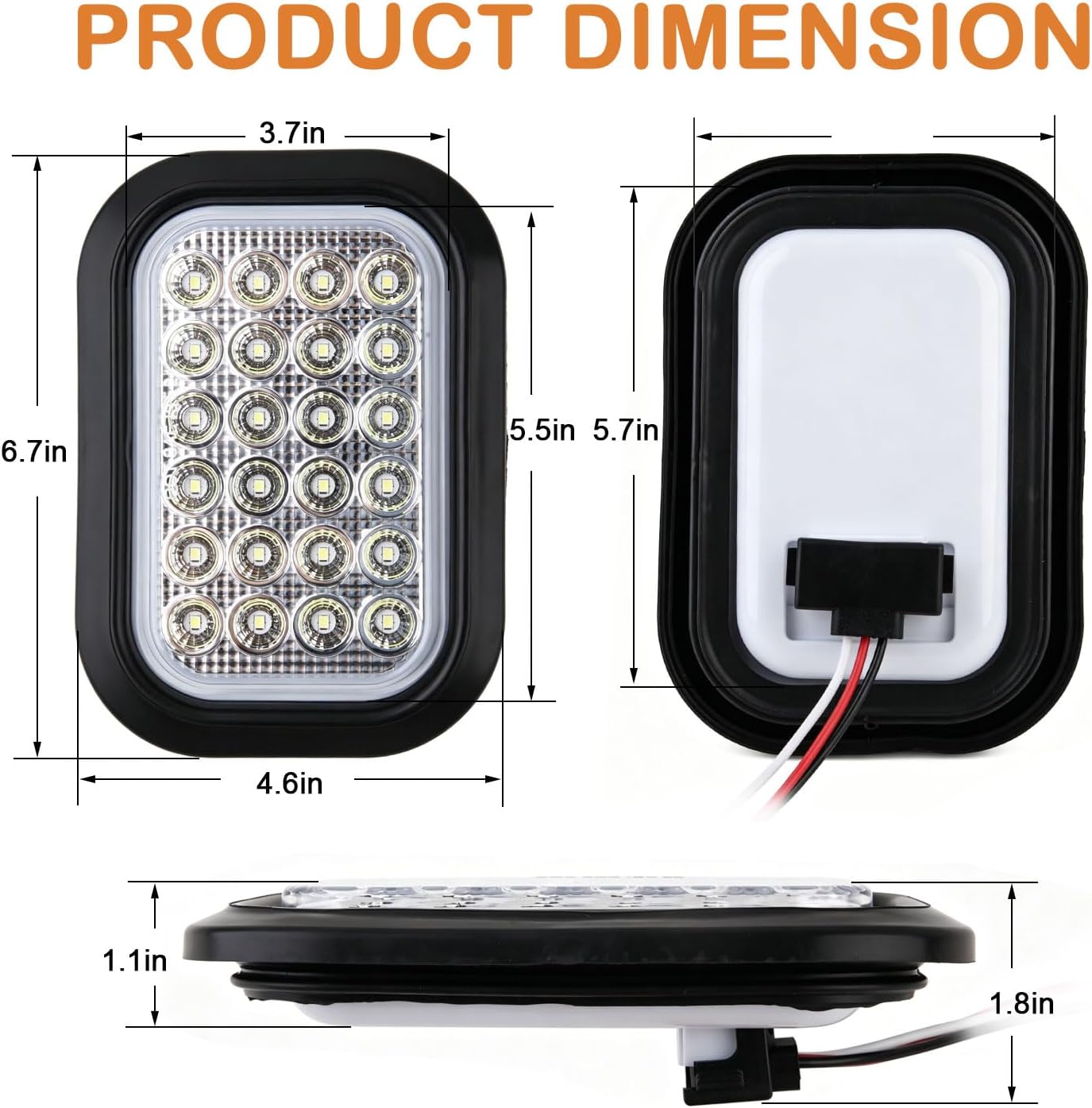3x5 Inch Rectangle LED Trailer Tail Light Kit, 6Pcs 5" x 3" Inch Rectangular Led Stop Turn Tail Brake Backup Reverse Lights Kit 24LED Sealed for Truck RV Waterproof w/3 Prong Wire Pigtails