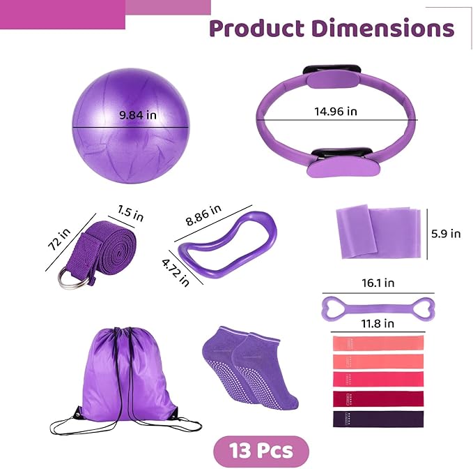 Kit de Pilates 13 Piezas, Incluye Balón, Bandas y Cinturón, Púrpura miniatura 5