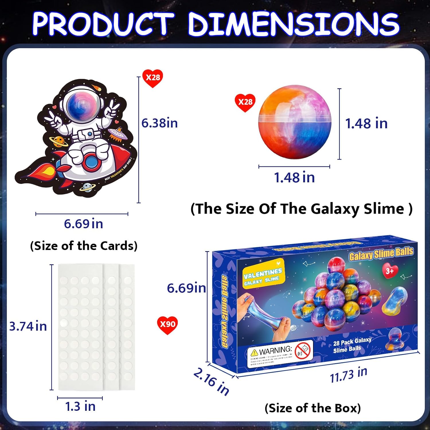 28 Pack Valentines Galaxy Slime Toys for Kids, Galaxy Slime Balls with Valentine's Day Cards Stress Relief Fidget Set for Kids School Classroom Valentines Party Favors Supplies