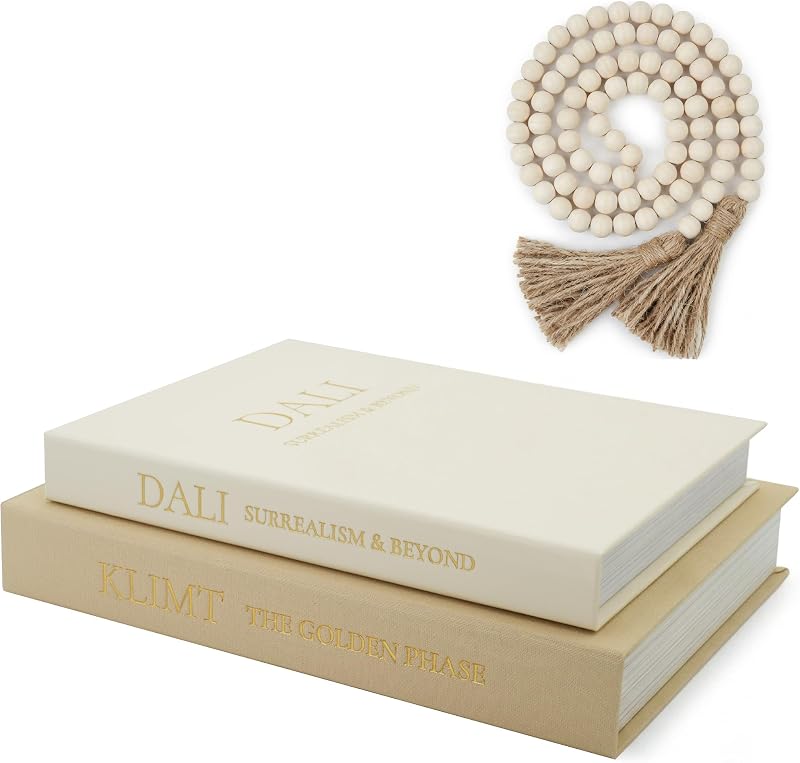 3-Piece Decorative Books for Home Decor with Wood Bead Garland - Stackable Linen Faux Book Box for Coffee Table Styling, Real Fabric Cover Fake Books with Tassel as Display Riser for Shelf