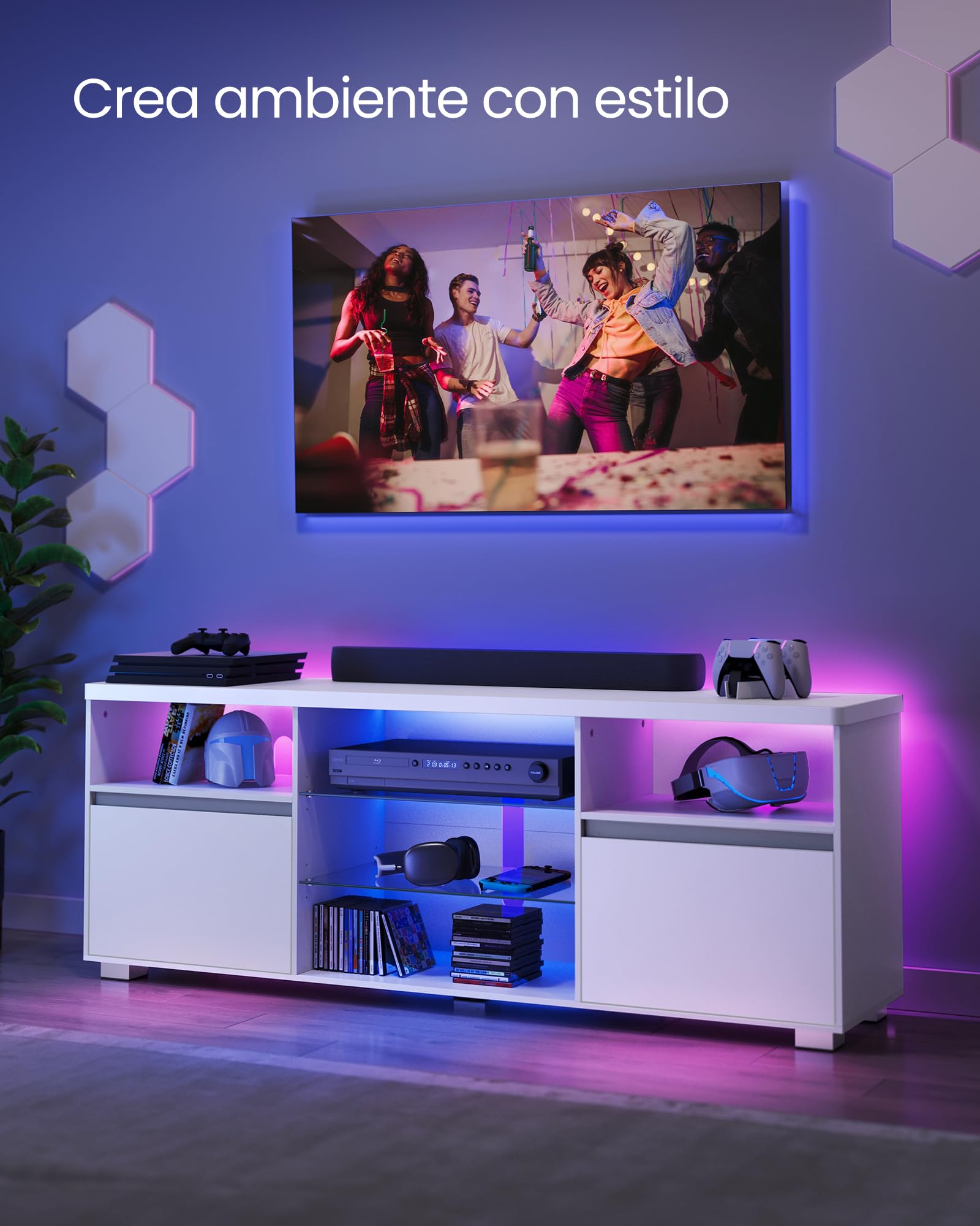 VASAGLE Kailyn Colección - Mueble de TV con LED, para Televisores hasta 70 Pulgadas, con Estantes Abiertos de Cristal, 2 Armarios con Puertas, 160 cm, Salón, Dormitorio, Blanco LTV331T10