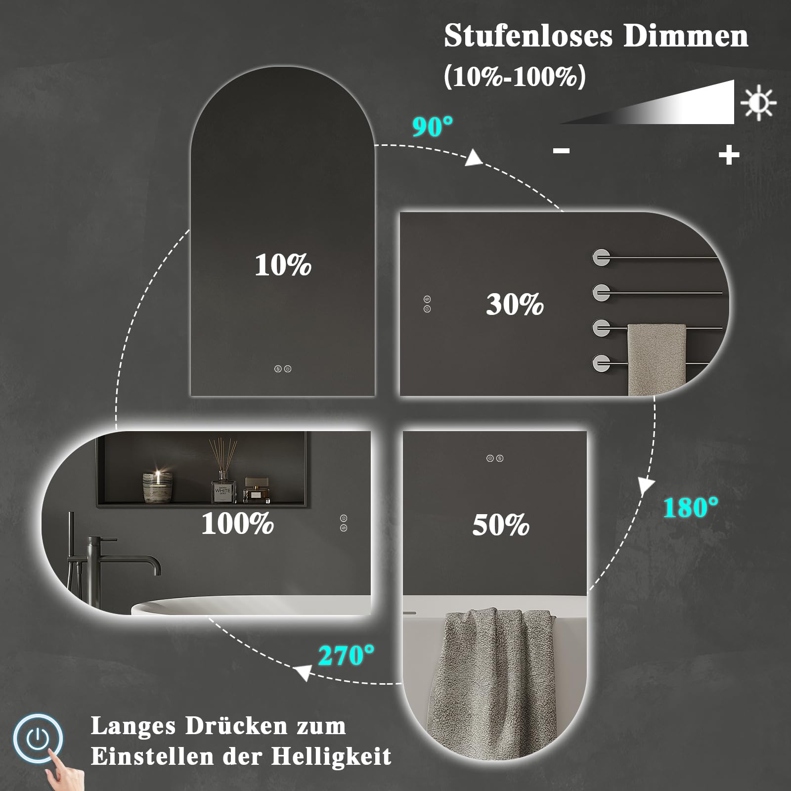 Specchio da bagno con illuminazione, 50 x 90 cm, specchio da bagno a LED curvo, con interruttore touch, dimmerabile, 3 colori di luce, per bagno