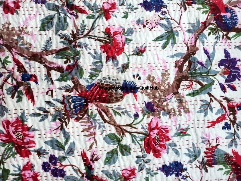White Handblock Floral Bird Print Handmade Cotton Kantha Quilting Boho Bedding Throw Blanket Hippie Queen/King Size Bohemian Block Kantha Quilt (Queen 90X108 inches)