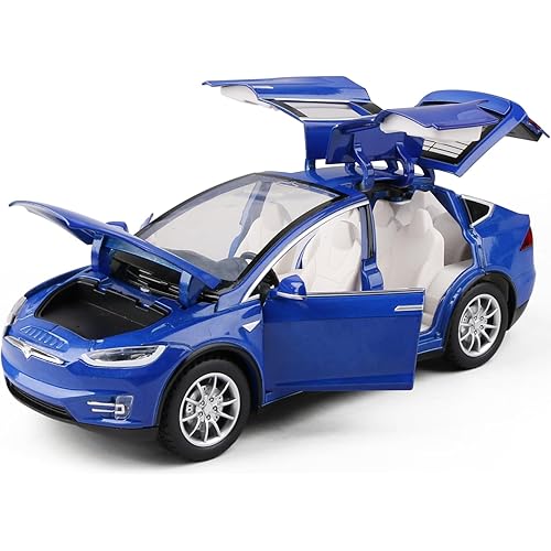 JIAYEMODEL 1:24 Diecast Model Car for Tesla Model X, Complete with Lights and Simulation of Sound. This Decorative Alloy Mini Vehicle is a Unique Gift for Your Loves or Young. (Blue)