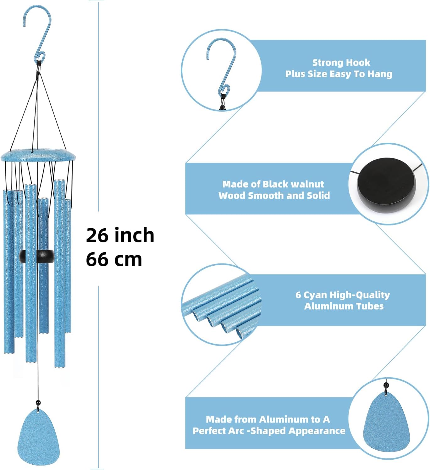 Aluminium Wind Chimes 26 Inches to Create a Zen Atmosphere Suitable for Outdoor, Garden, Patio Decoration. Classic Blue Wind Chimes with Wind Catcher Suitable as A Gift for Unisex image 4
