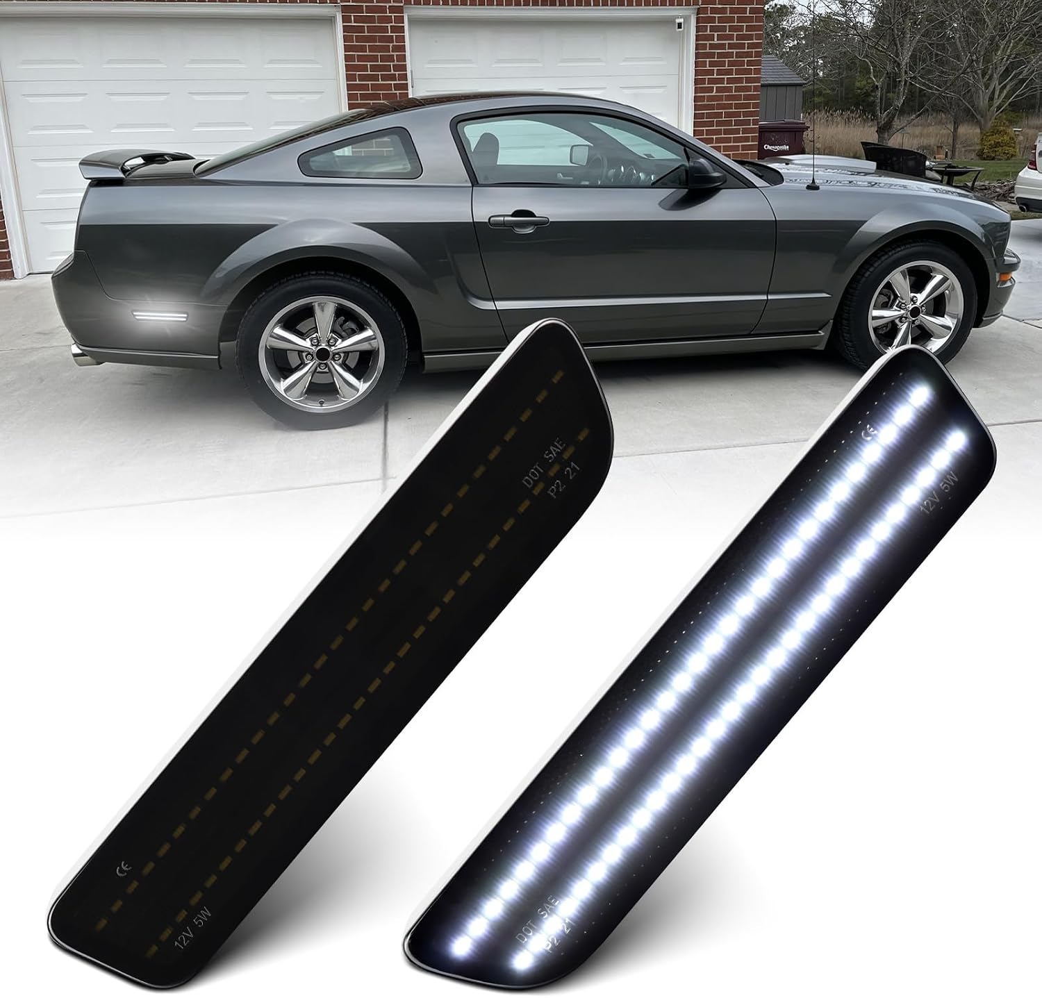 2PCS Red LED Side Marker Lights for Ford Mustang 2005-2009 Rear Bumper Fender Marker Signal Reflectors Indicators, Smoked Lens, Dual Row LED
