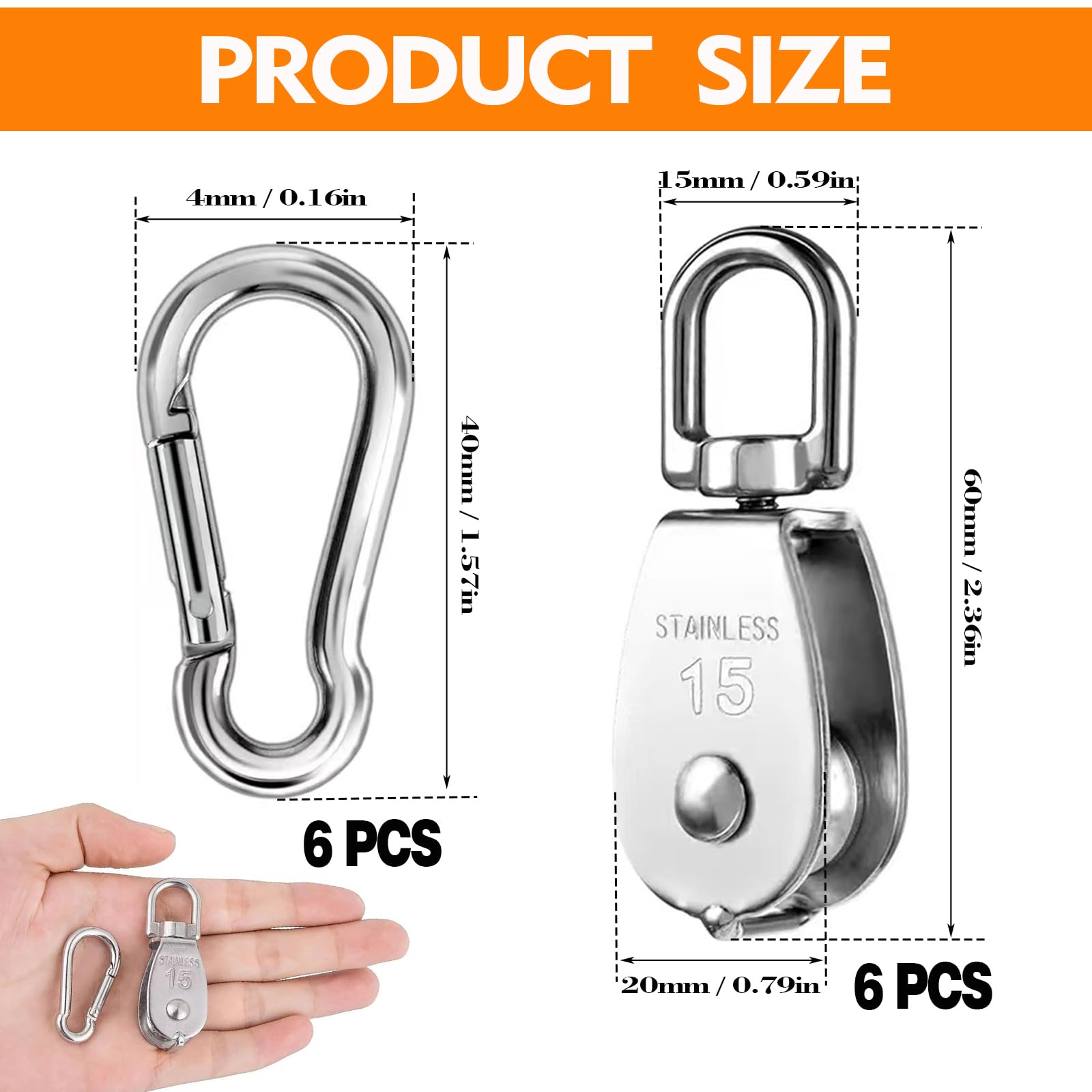 Poleas de acero inoxidable, juego de poleas de cuerda resistentes para máxima resistencia y durabilidad, ideal para tendederos, toldos y levantamiento de cargas pesadas