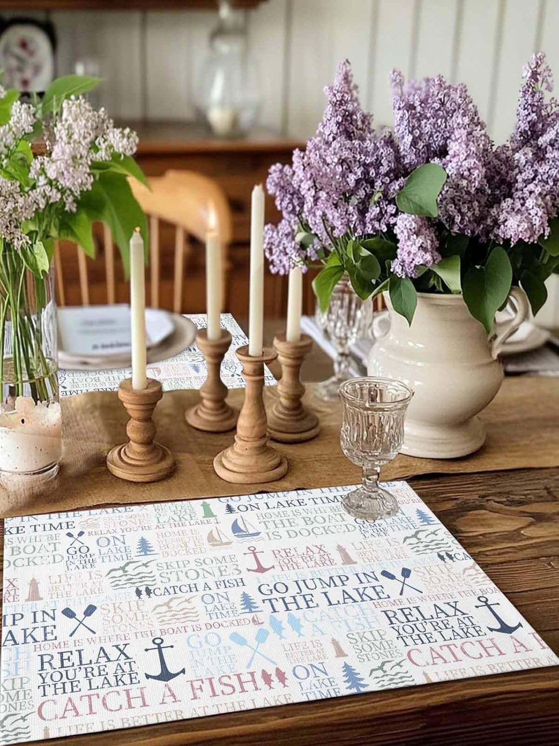Lake Life Placemats 6 pcs 18"x12" Washable Non-Slip Heat-Resistant Table Place Mats for Kitchen Dining Table Decoration, Colorful Word Pine Tree Boat Paddle Lighthouse Fish Pattern