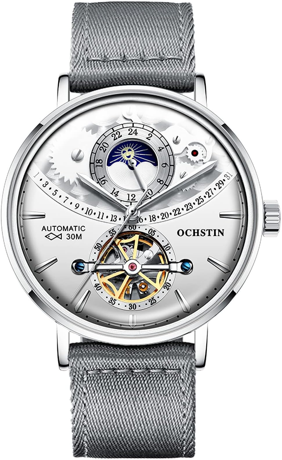 B BINGERMen's Day Moon Mechanical Wrist Watch with Stainless Steel Mesh Band