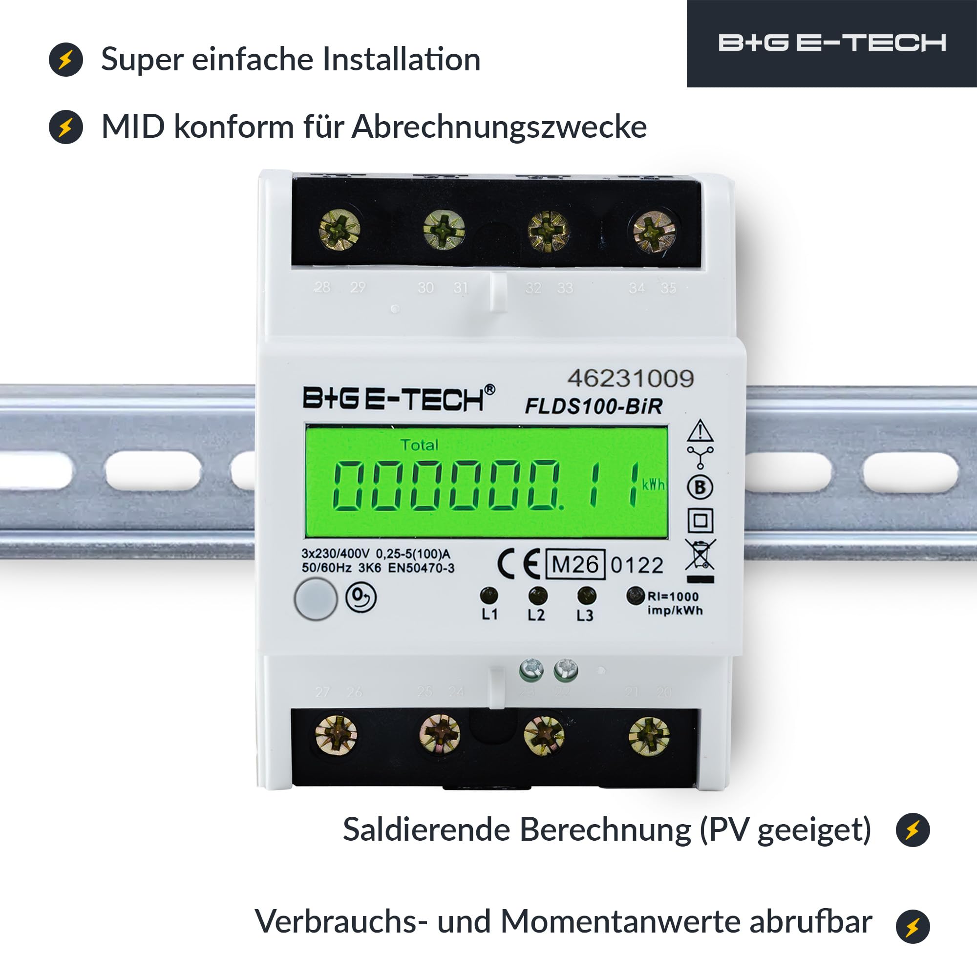 Digitaler 3-Phasen Drehstromzähler [FLDS100BiR - MID 26] - Stromzähler für TS35 Hutschiene, MID geeicht, digitaler LCD Drehstromzähler mit S0, 100A, 400V