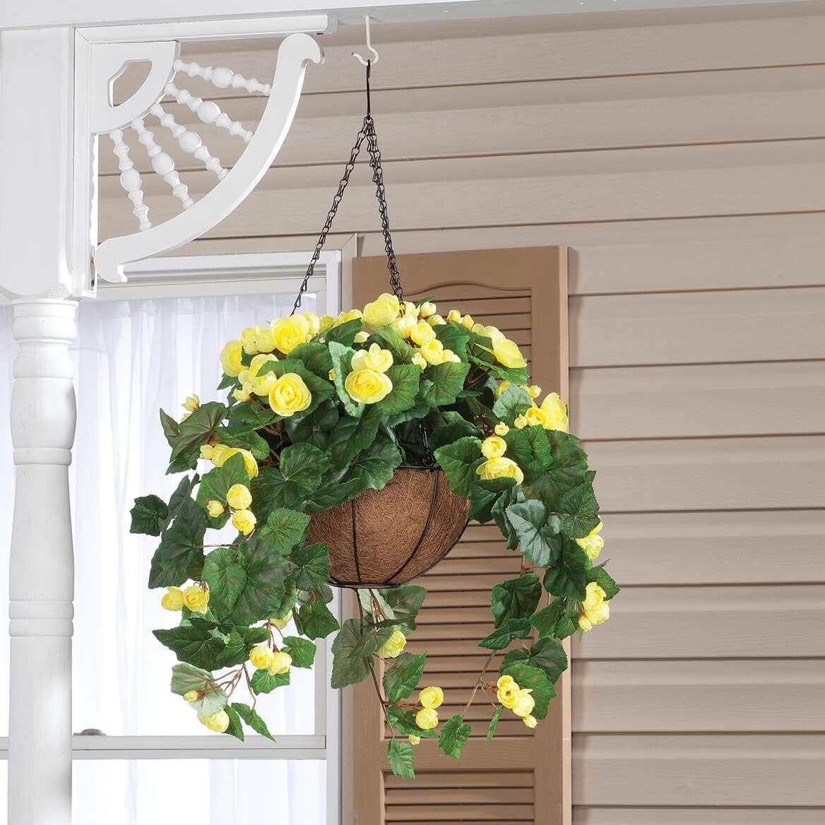 OakRidge Miles Kimball Fully Assembled Artificial Begonia Hanging Basket, 10” Diameter and 18” Chain – Yellow Polyester/Plastic Flowers in Metal and Coco Fiber Liner Basket for Indoor/Outdoor Use