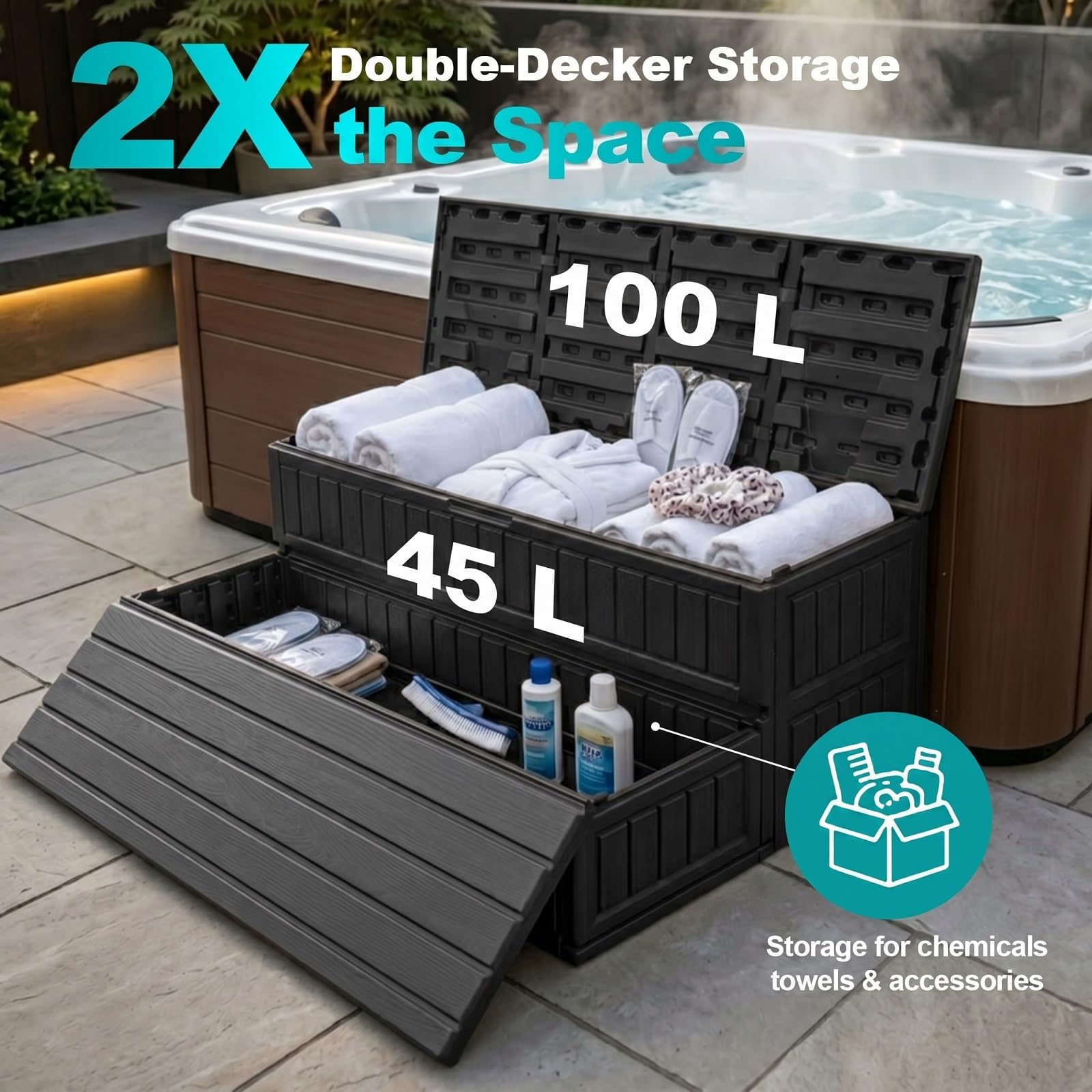Whirlpool Treppe mit 2 Staufach, wasserdichte rutschfeste Whirlpool-Stufen Tragkraft 226kg Vielseitig verwendbare robuste Poolleiter, Veranda Wohnwagen Spa-Stufe, 91x61x32cm,einfache Montage