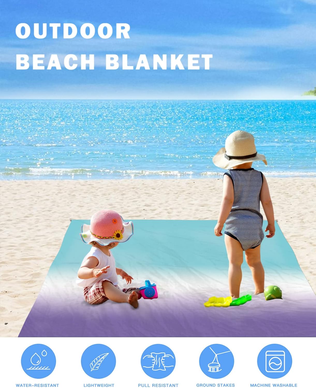 Blue White Purple Beach Blanket Waterproof Sandproof Outdoor Picnic Mat 95"x80" Ombre Art Lightweight Large Beaach Blankets with 4 Stake & 4 Corner Pockets