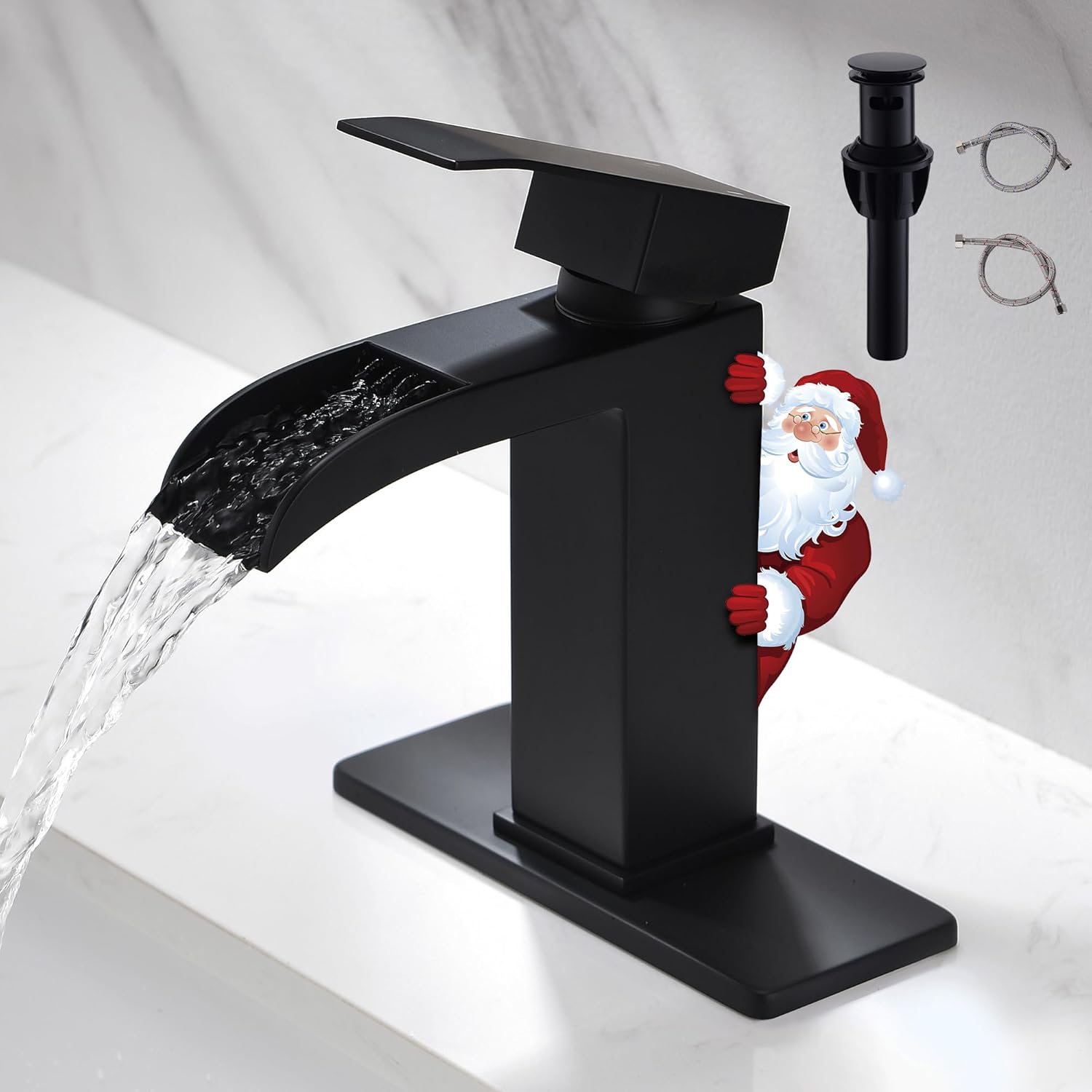 Waterfall Bathroom Faucet Black - Matte Black Single Handle Bathroom Sink Faucets 1 or 3 Holes| Solid Vanity Faucet Single Hole with 6" Deck Plate & Pop Up Drain for RV Restroom Remodel