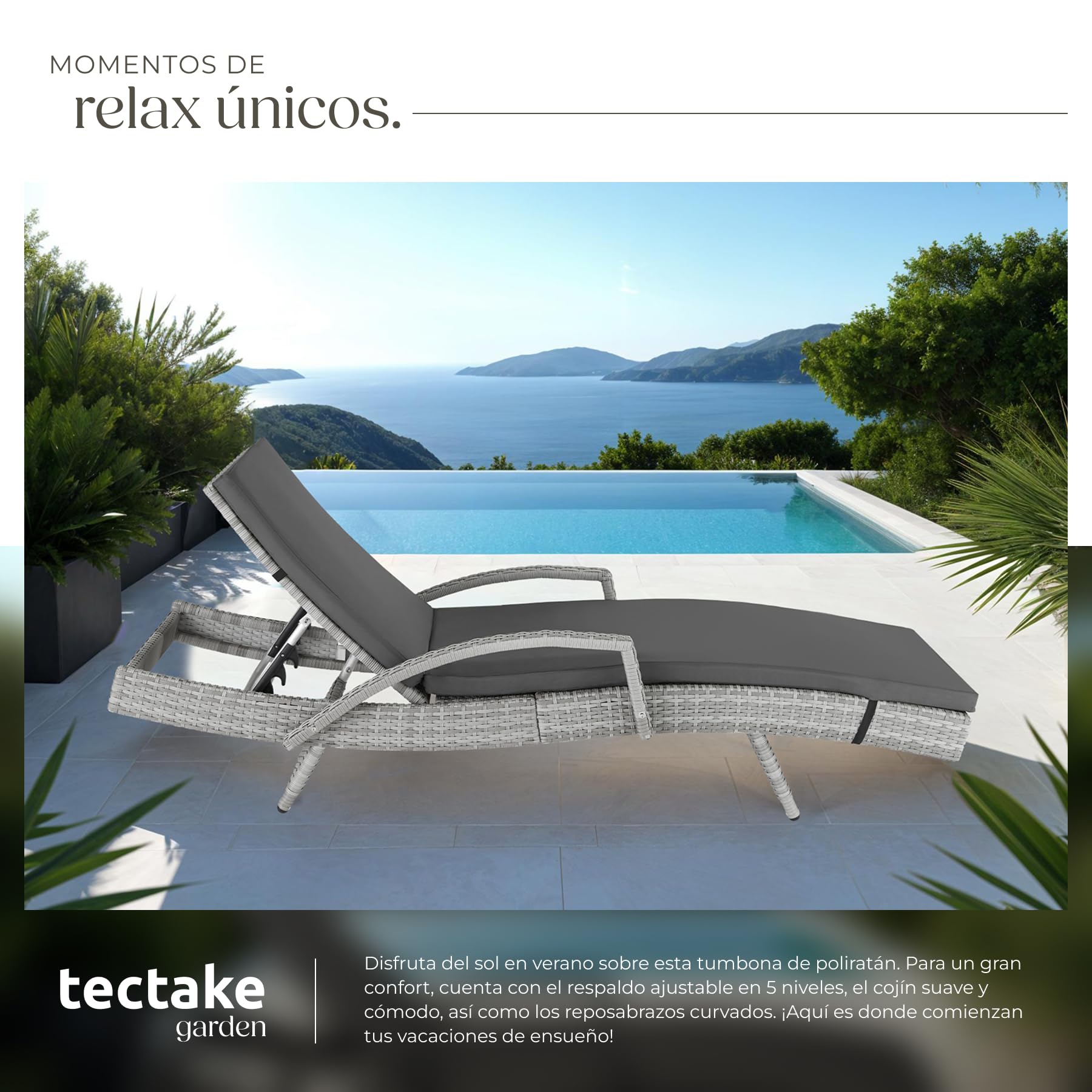 tectake® Tumbona Jardín Exterior de Ratán y Aluminio, Tumbona de Piscina con Respaldo Regulable en 5 Posiciones, Tumbona de Playa Impermeble y Resistente a Intemperie, Fácil Limpieza - Gris Claro