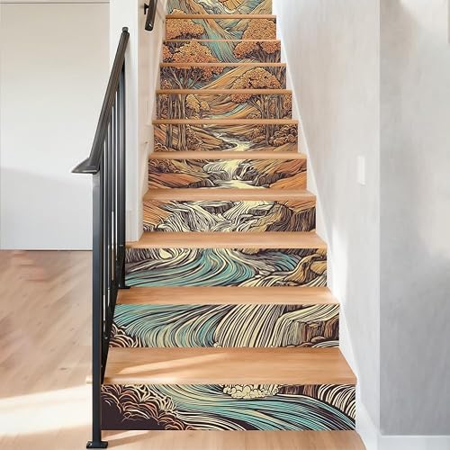 15Pcs Mountain and Sunset Staircase Stickers Oriental Element Stair Riser
