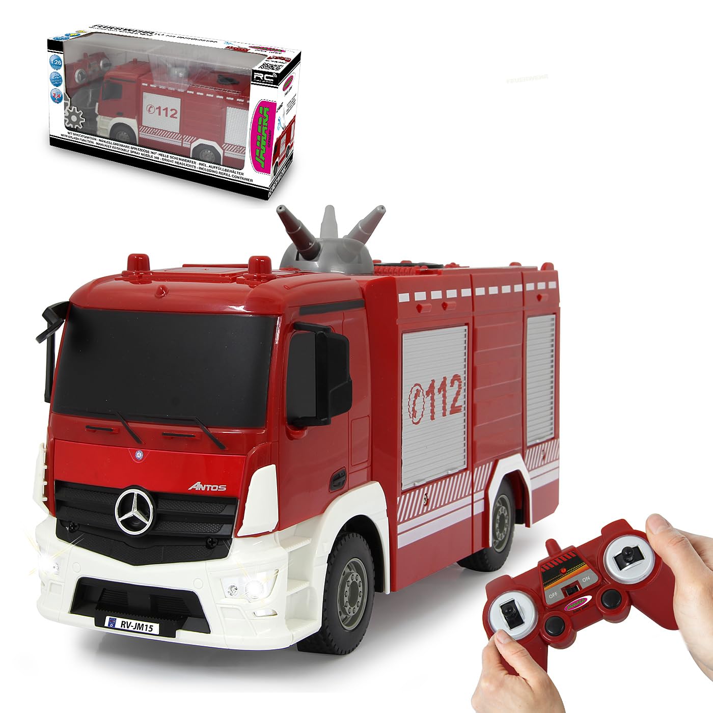 Jamara 404970 Straż pożarna TLF Mercedes-Benz Antos 1:26 2,4GHz-360° ręcznie obracana dysza natryskowa w górę/w dół, prawdziwa funkcja spryskiwania, światło z przodu, zbiornik na wodę 160 ml, czerwony
