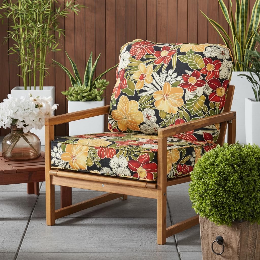 Outdoor Deep Seat Cushion Set 24x24 Seat + 28x22 Back – Plush Fiber Fill Seat, Patio Lounge Replacement Cushion, Corded Trim, Durable Polyester Fabric with Ties, Aloha Black Floral