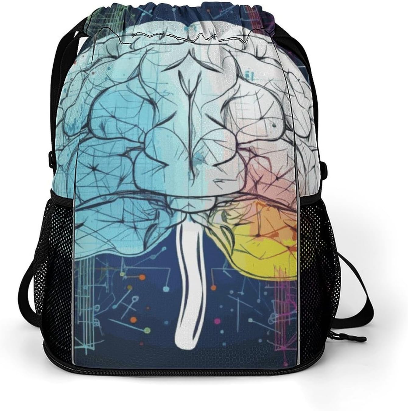 Small Gym Bag Geometry Brain Image with Science Printed Drawstring Gym Bag for Men Lightweight Waterproof Drawstring Backpack for Women with Shoe Compartment for Travel Tourism Work And Fitness