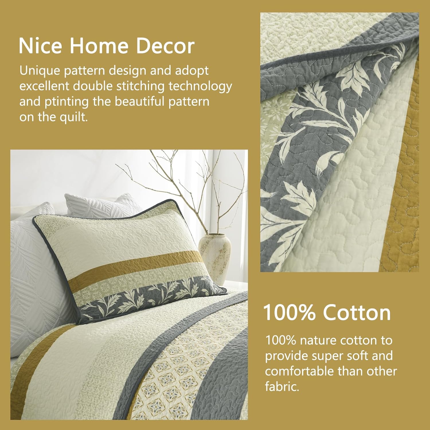 Finlonte Quilt King Size 100% Cotton Lightweight Soft King Comforter Set Gray Beige Vintage Quilted Bedspread Striped Floral Reversible Quilt Bedding Set 3 Pieces