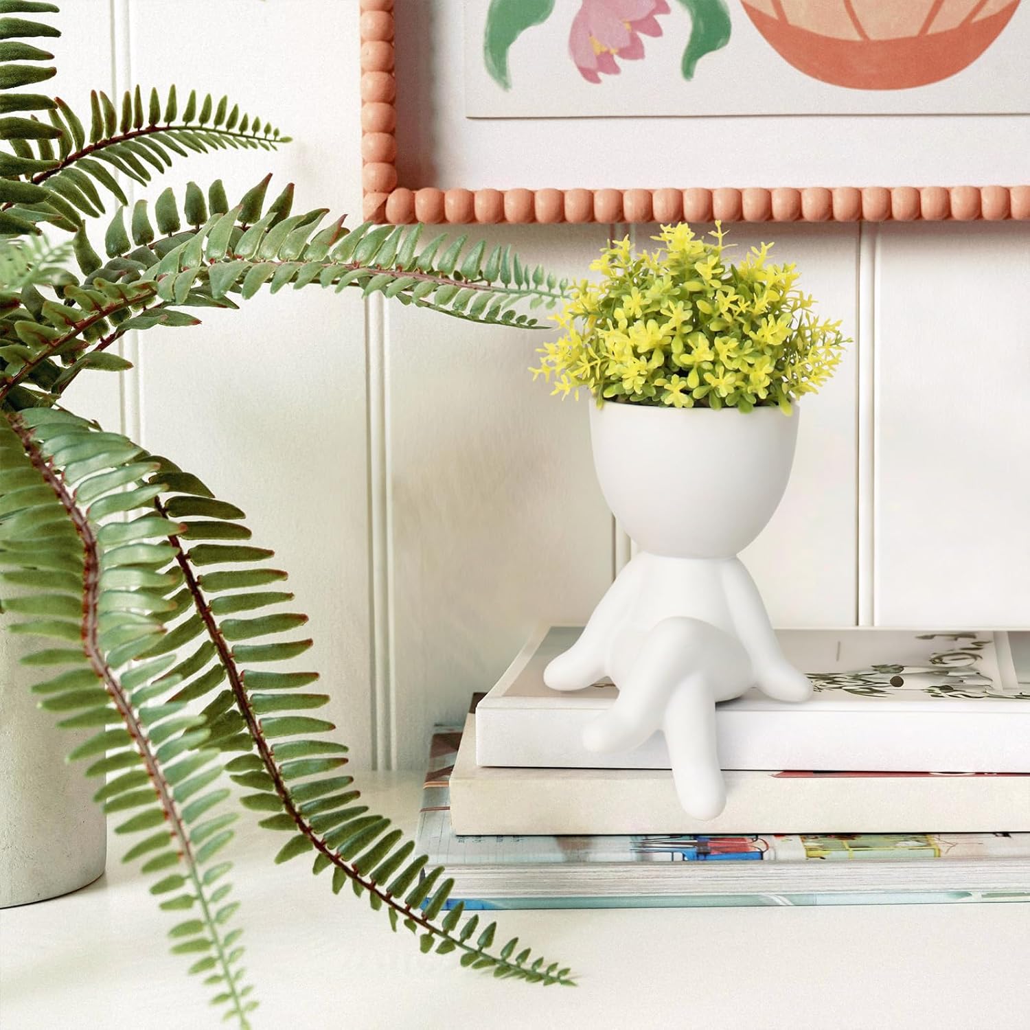 Zerzsy 4PCS Small Artificial Succulent Plants with Creative Human Shaped Pots, Fake Desk Plant Greenery Potted for Home Office Indoor Shelf Decoration (White)