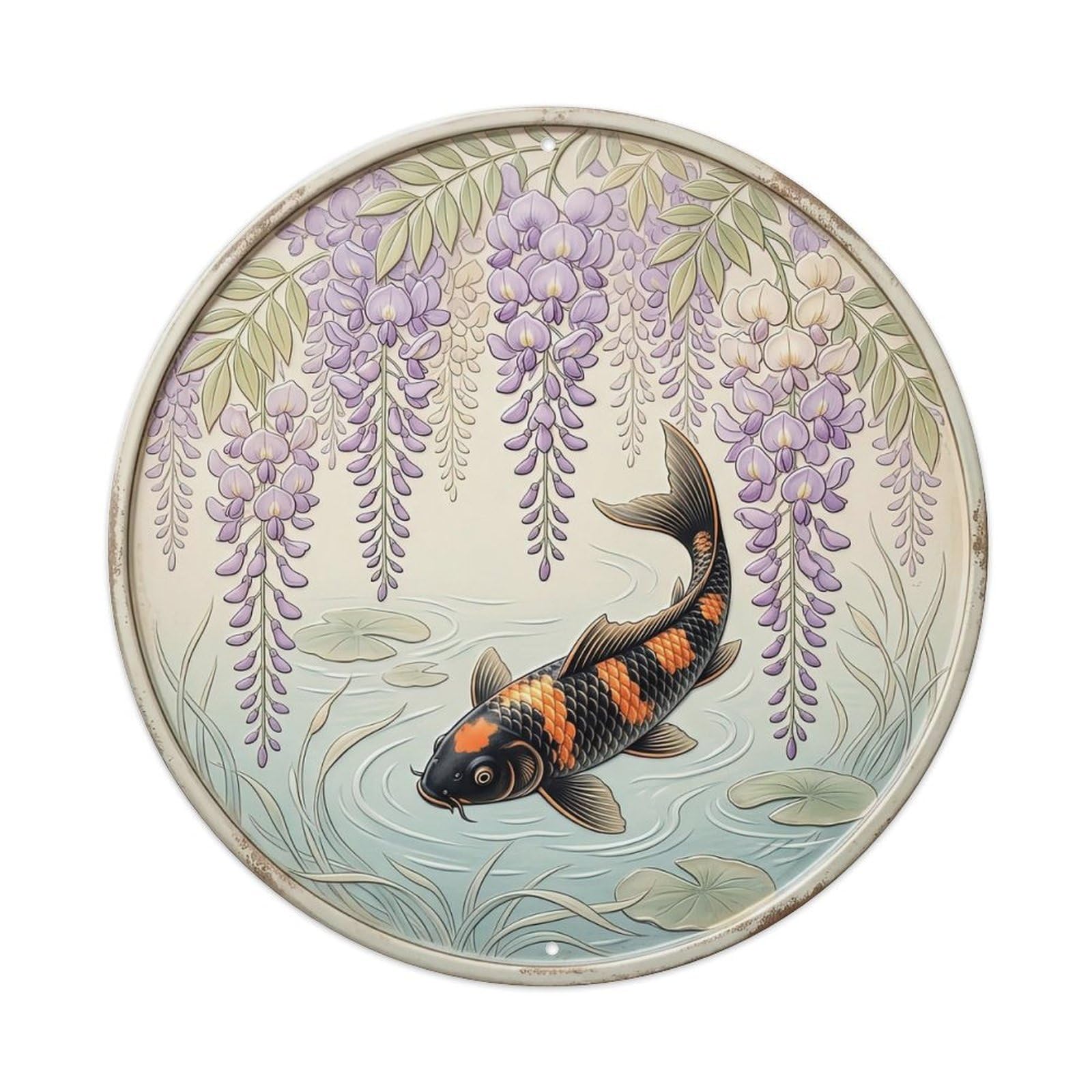 Wisteria Cascade Purple Koi Fish Metal Tin Sign Plaque Wall Decor for Cafe, Club, Garden Round Metal Poster 8x8Inch