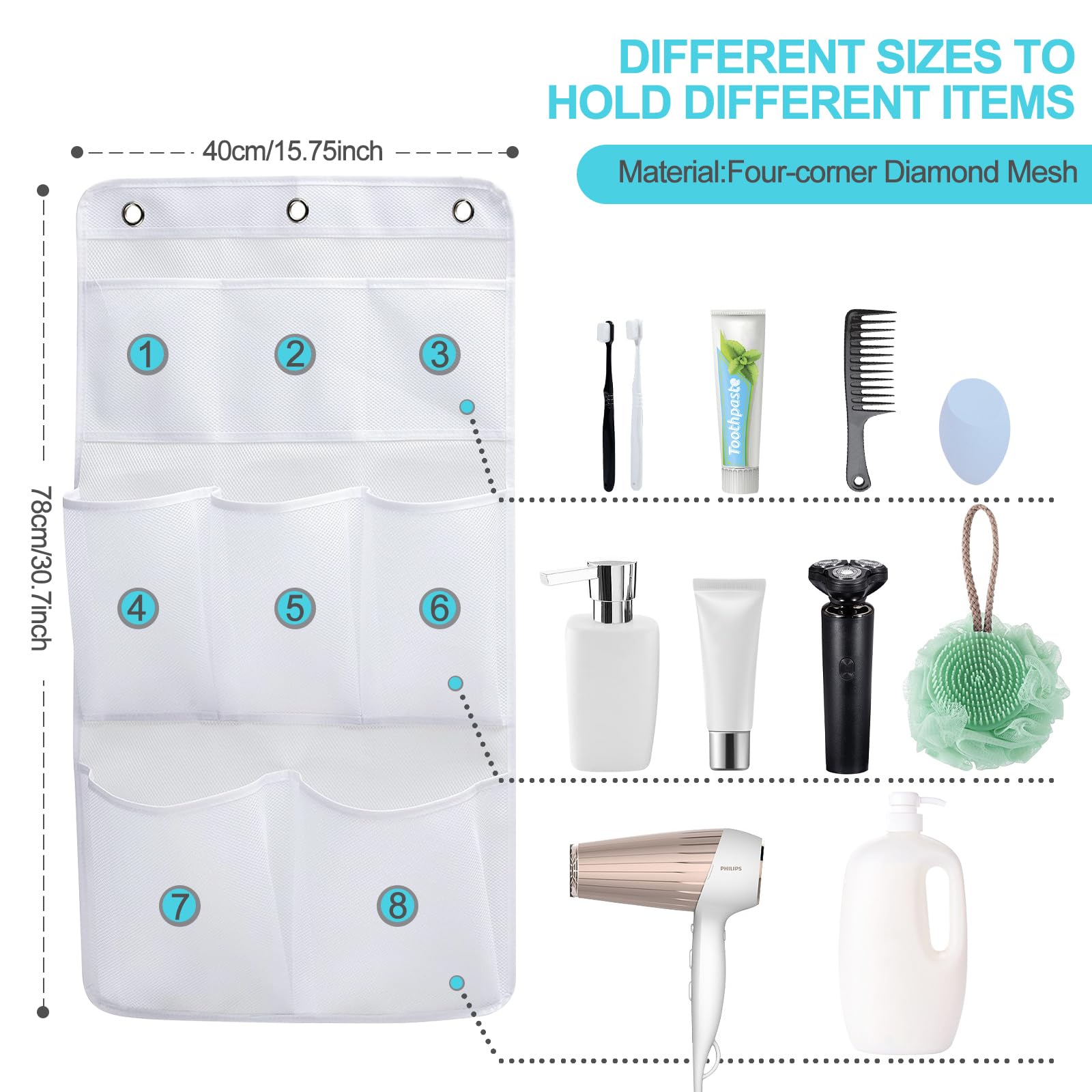 1 Pack Mesh Shower Caddy Hanging 8 Pockets Hanging Shower Organizer,Quick Drying Mesh Shower Caddy,Portable Bathroom Organizer for Cruise Ship RV Camper Dorm Bathroom with Shower Curtain Hooks(Black)