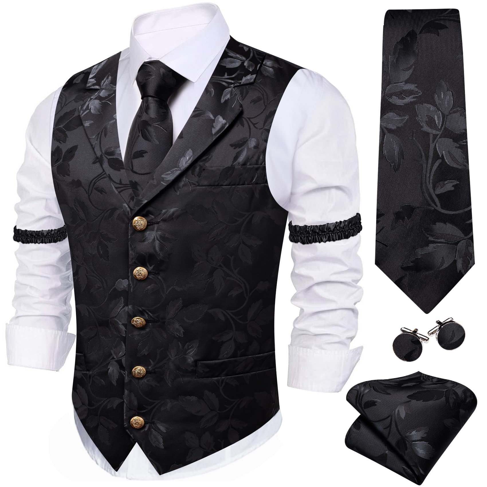 Barry.Wang Mens Silk Paisley/Floral Suit Vest Tie Sleeve Holder Set 5PCS