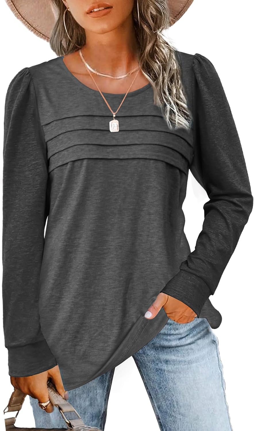 JomeDesign Womens Tops Long Sleeve Crew Neck Shirts Puff Sleeve Casual Tshirts