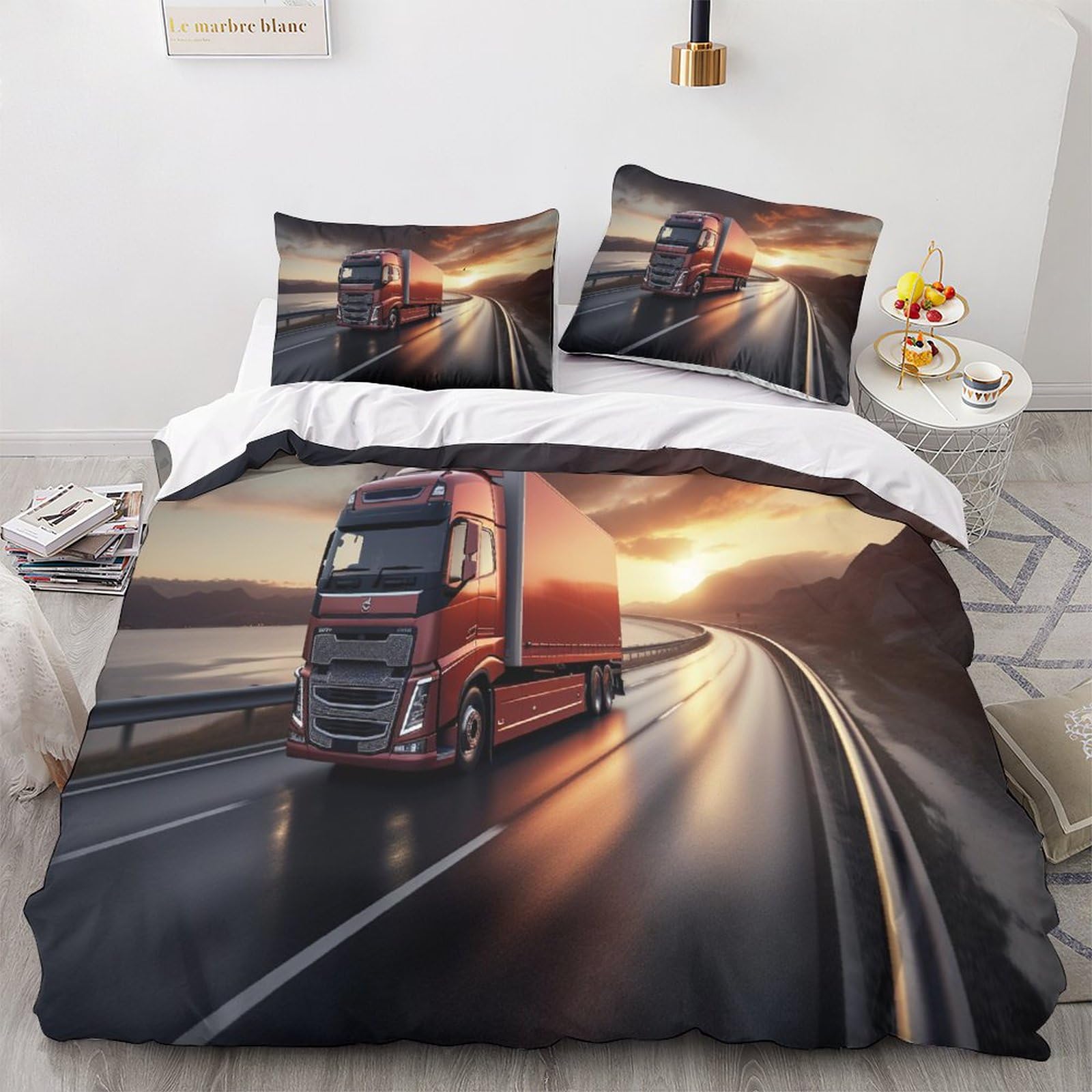 Opsrey Lorries-3 Lorries Breathable Comforter Cover Hidden Zipper Trucks Duvet Cover Set With Pillowcases Bedding Set Soft Microfiber Quilt Cover Set For Various Sizes Beds Double（200X200cm）
