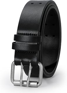 Men Double Prong PU Leather Belt Casual Work Heavy Duty Belt Double Grommet Holes Belt for Jeans